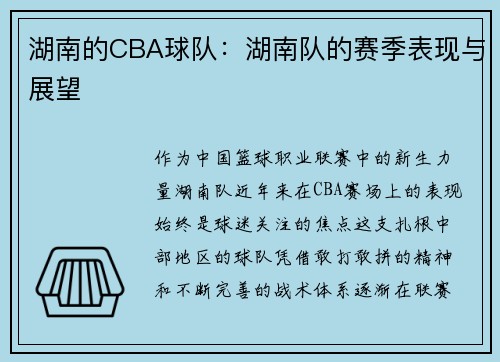 湖南的CBA球队：湖南队的赛季表现与展望